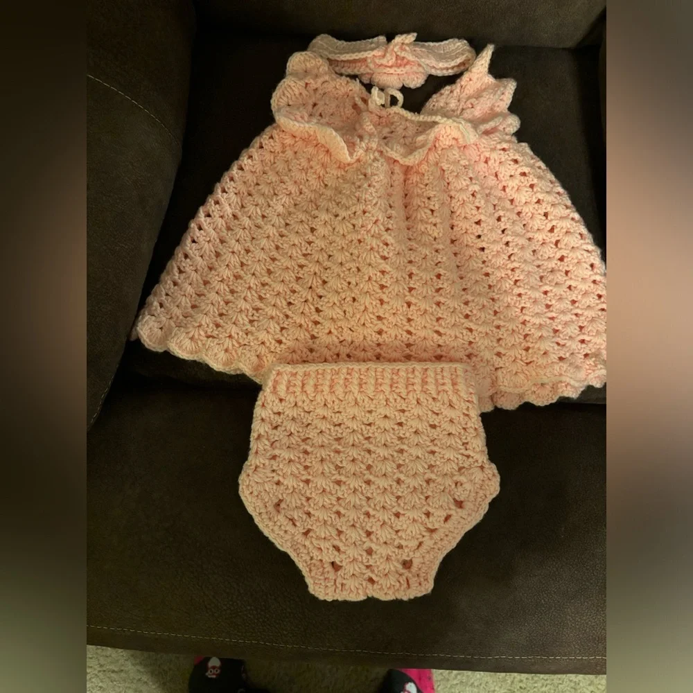 Handmade Pink Crochet Baby Dress Set - Picture 2 of 2